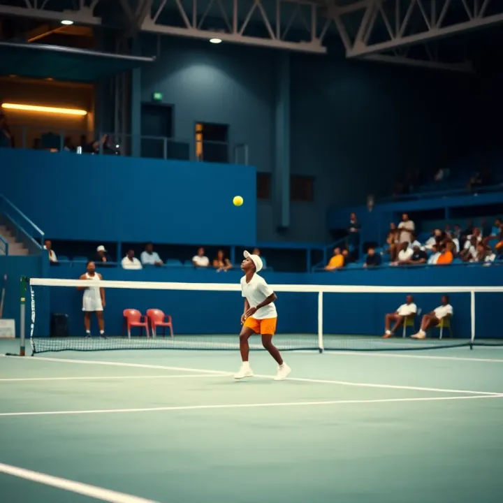 A vibrant tennis court showcasing a player preparing to serve during a match