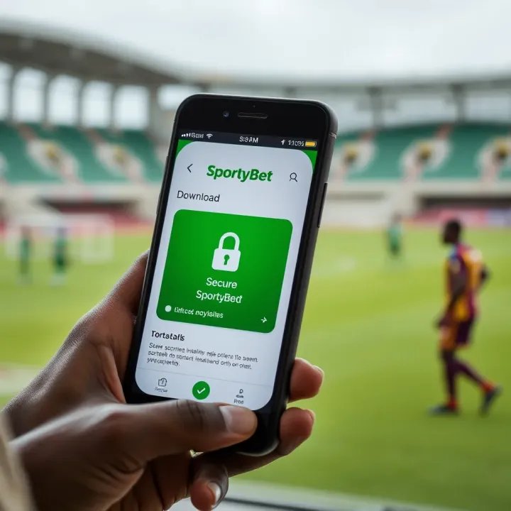 Smartphone showing the SportyBet app download screen with secure installation icons