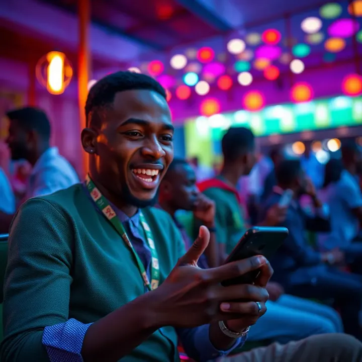 Excited bettor engaging with SportyBet Funky Time on mobile device in vibrant Nigerian setting