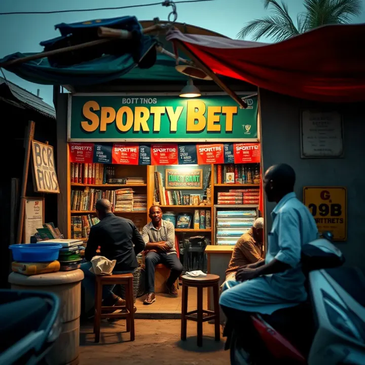 Traditional SportyBet Shop in Nigerian Community Traditional betting shop with customers placing bets in a local Nigerian neighborhood