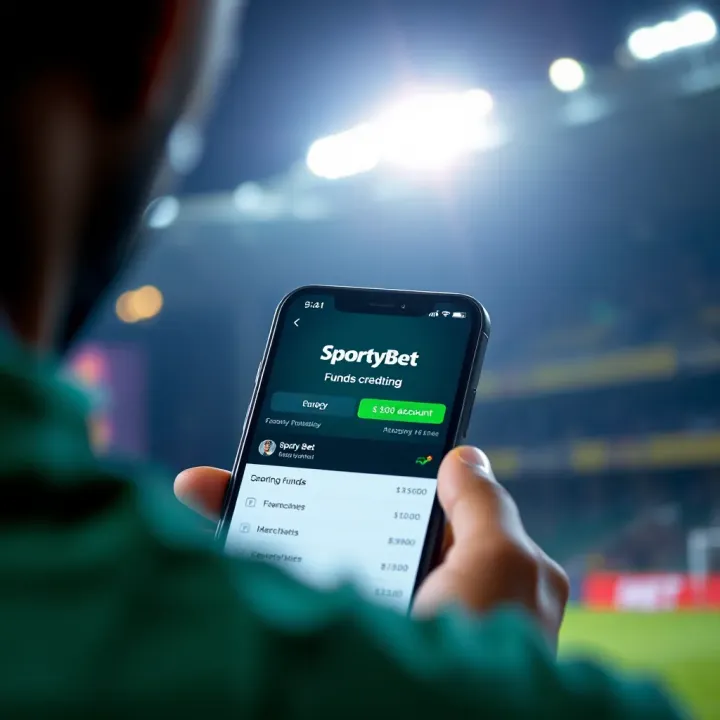 Mobile phone displaying SportyBet app with funds being credited in progress