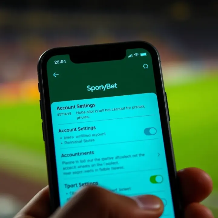 Mobile phone screen showing SportyBet app interface with account settings open