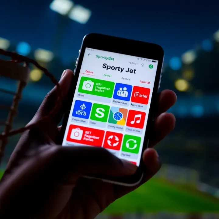 Illustration of a mobile phone with icons representing registration and payment options on SportyBet app