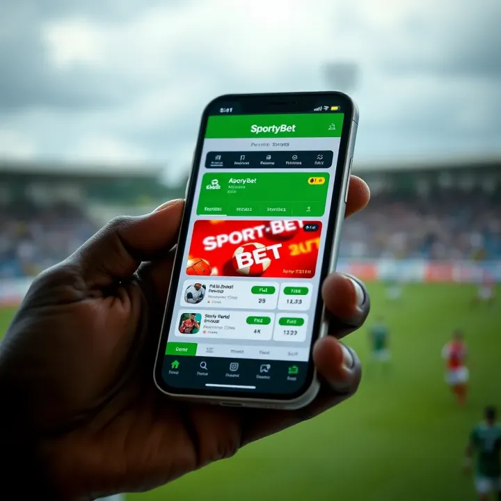 SportyBet App Main Interface on Mobile Device Mobile phone displaying the SportyBet app interface with betting options
