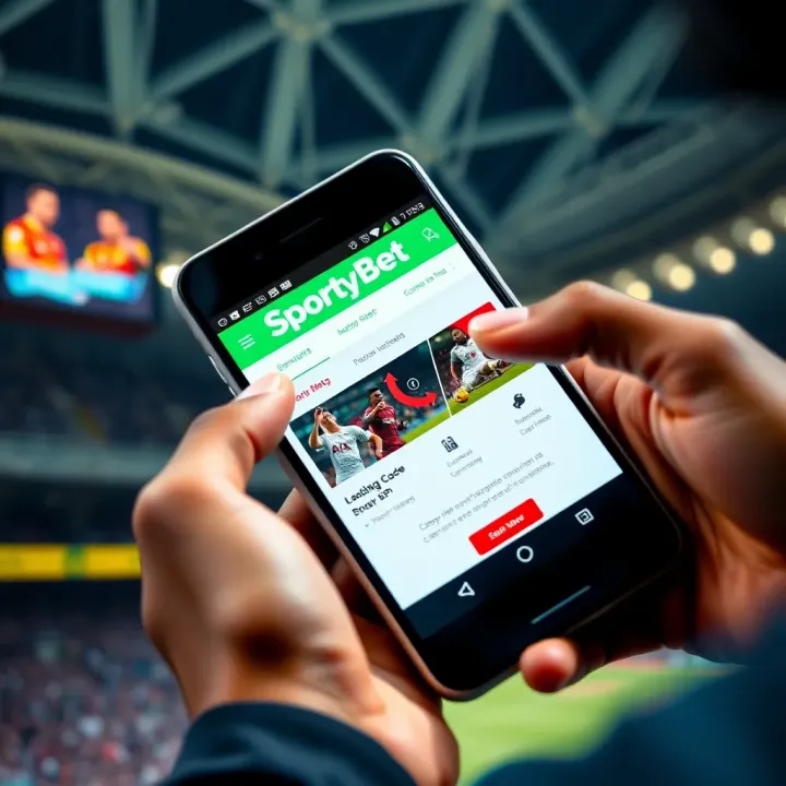 Mobile phone displaying SportyBet website interface on browser