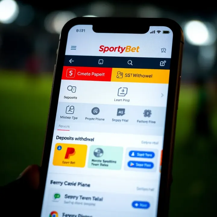 SportyBet Mobile Betting and Transaction Features Smartphone showing SportyBet betting options with deposit and withdrawal features