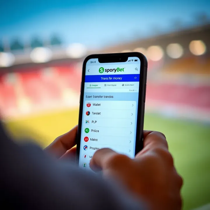 Mobile phone displaying SportyBet app with wallet and transfer options visible