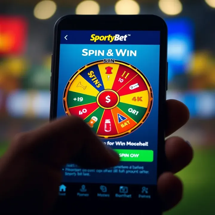 SportyBet Spin and Win Feature Display SportyBet mobile app interface showing Spin and Win game with colorful wheel icons