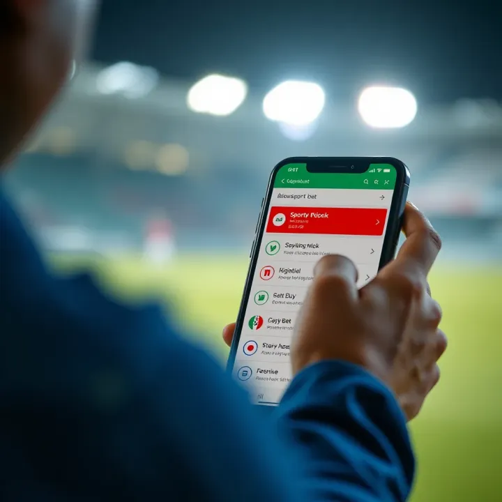 Illustration of a confident user navigating through SportyBet app options on phone