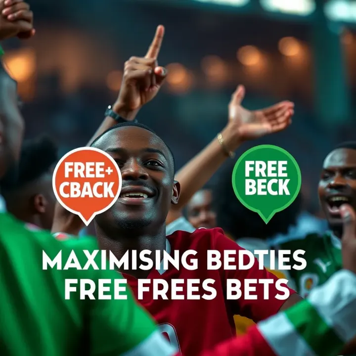 Illustration of Nigerian bettors celebrating with highlighted cashback and free bet icons