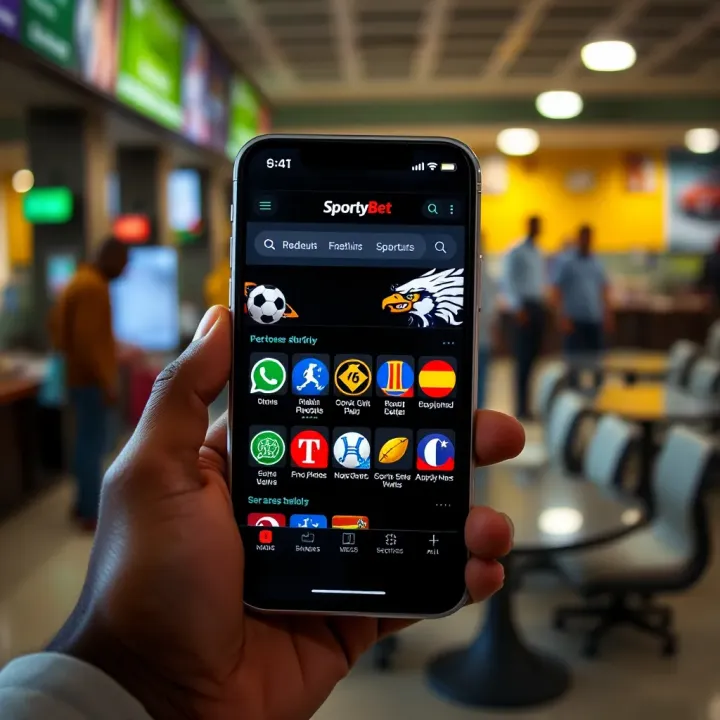 Modern smartphone displaying SportyBet digital betting platform with sports icons