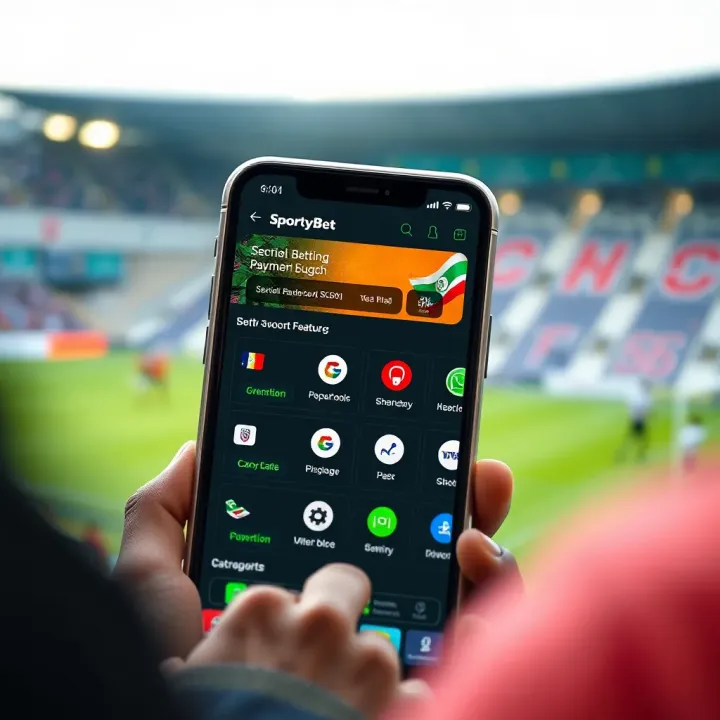 Exploring Betting Options and Payment Features on SportyBet App User navigating through the SportyBet app showing various betting options and secure payment icons