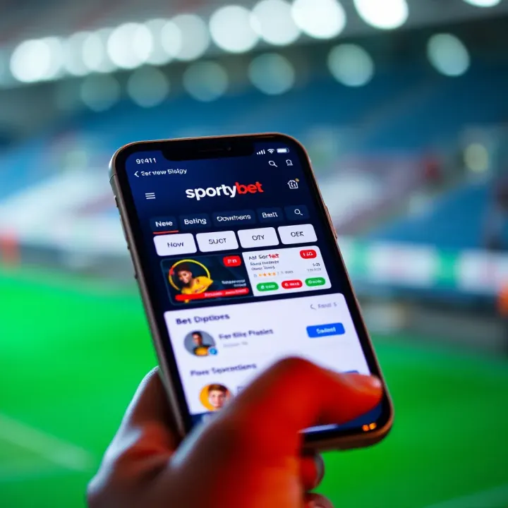 SportyBet App Interface for Nigerian Users Mobile phone displaying the SportyBet app interface with betting options and account features
