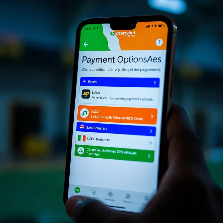 Mobile phone screen displaying payment methods including USSD and bank transfers on SportyBet app