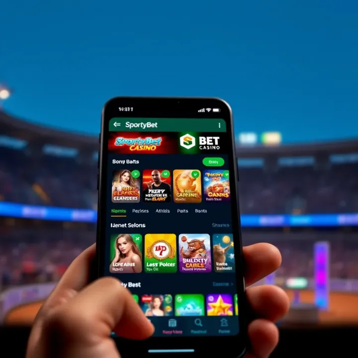 Android smartphone displaying SportyBet Casino app interface with game icons and menu options