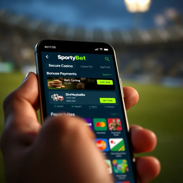 Bonuses, Payments, and Secure Gaming on SportyBet Casino App Mobile device showcasing SportyBet Casino bonuses, payment methods, and secure gaming features for Nigerian users