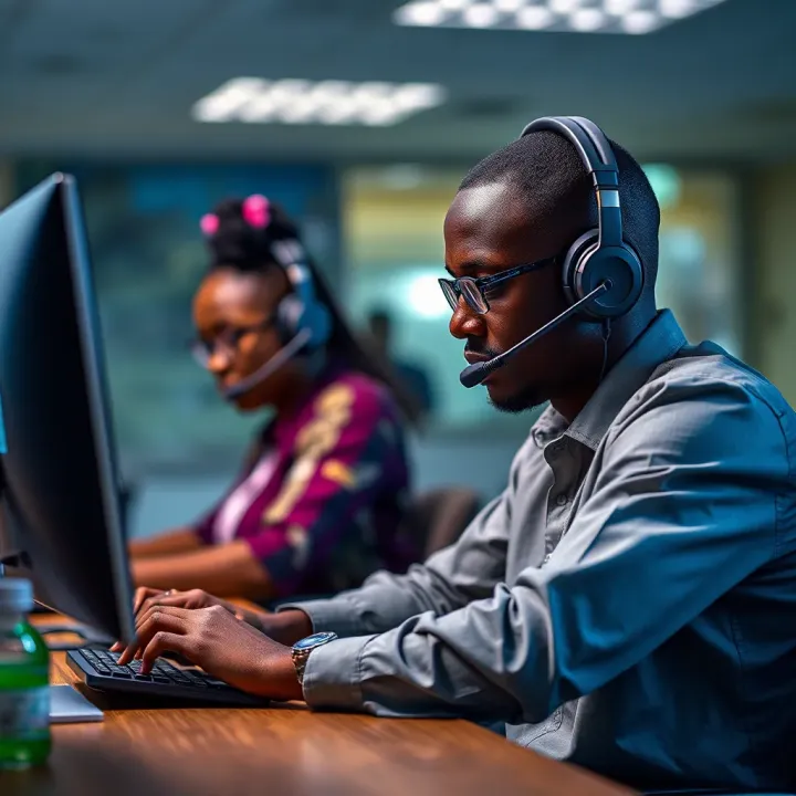 Customer support team assisting clients via phone and online channels for SportyBet Nigeria
