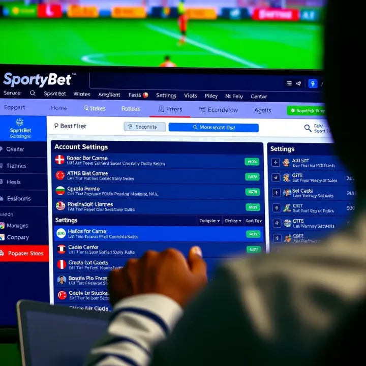User navigating SportyBet platform showing account options and settings on screen