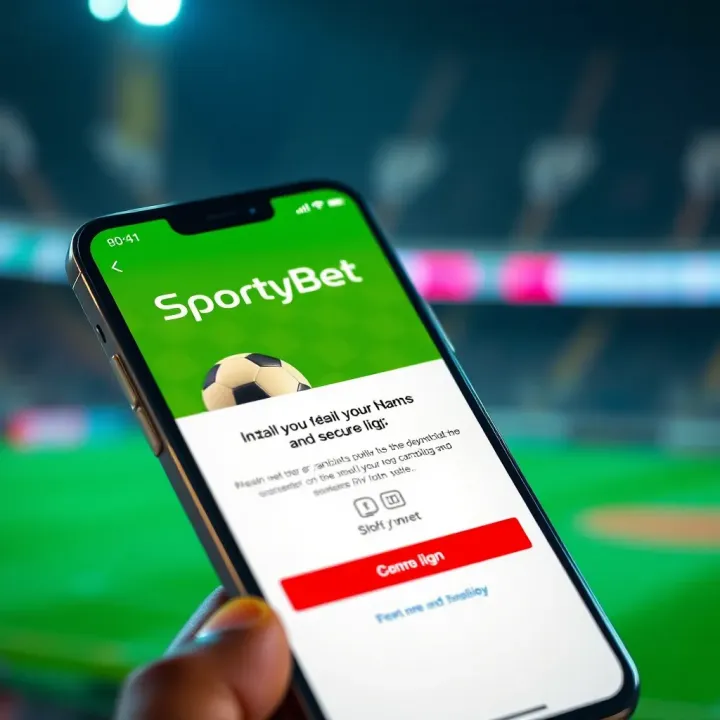Smartphone with SportyBet app installation screen and secure login prompt