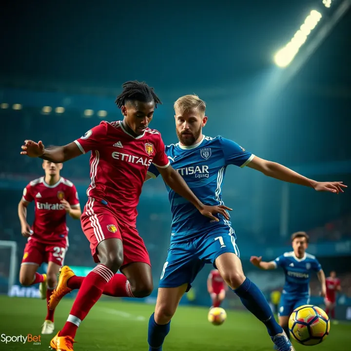 Intense Competition in La Liga Match on SportyBet Dynamic action shot of two football teams competing intensely during a La Liga match under bright stadium lights