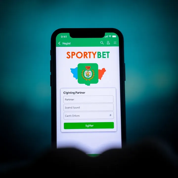 Mobile phone displaying SportyBet Partners app registration screen with Nigerian flag