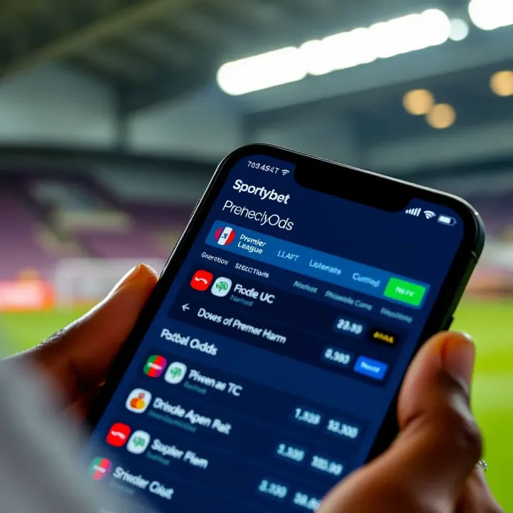 Close-up of a smartphone displaying the Sportybet Premier League betting interface with live match odds