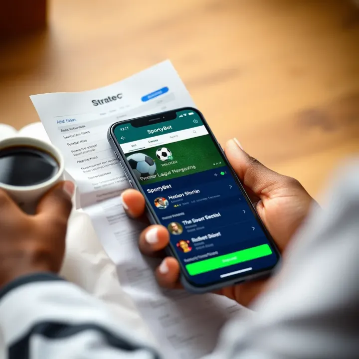 Strategic Betting with SportyBet App Close-up of betting slip and smartphone showing SportyBet app interface