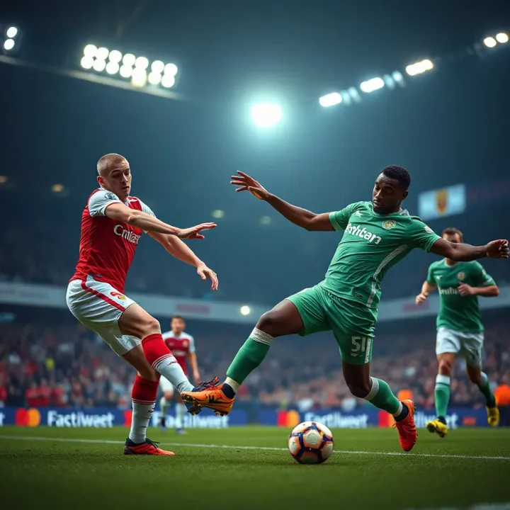 Intense Premier League Match Highlight Football players competing for the ball during a Premier League match