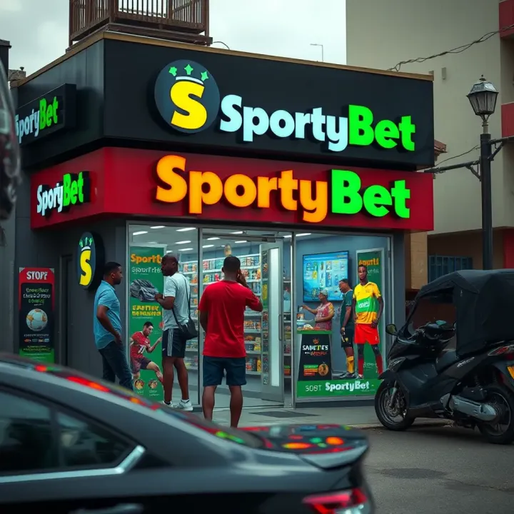 SportyBet Shop Location in Lagos City Exterior view of a SportyBet shop in Lagos with customers engaging in sports betting