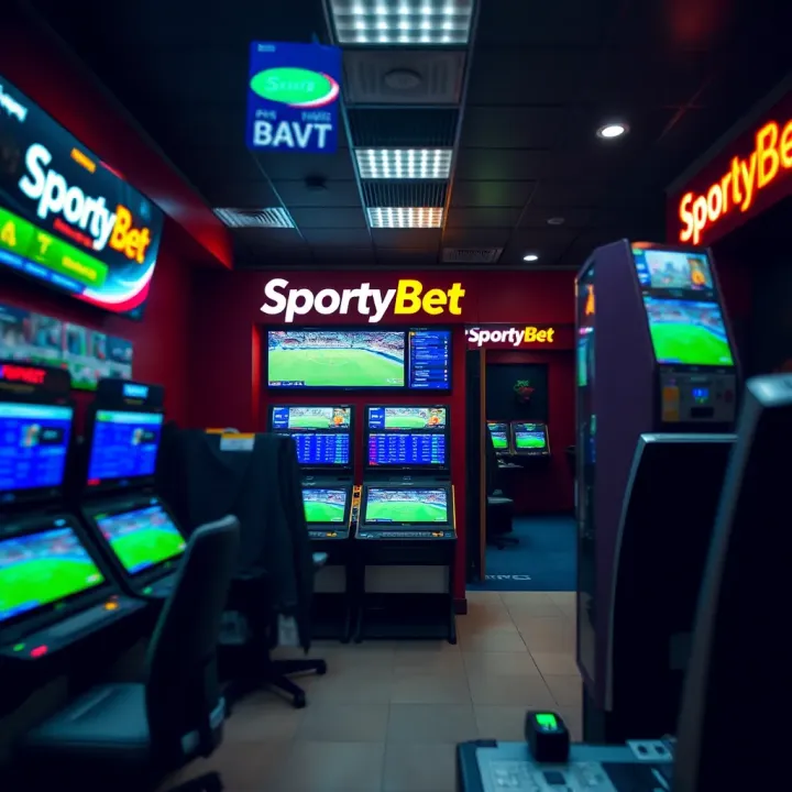Inside a SportyBet shop showing betting terminals and screens displaying sports events