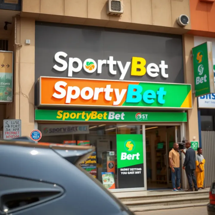 Exterior view of a SportyBet betting shop in Nigeria with signage and customers outside