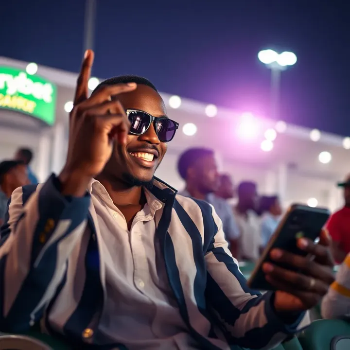 Illustration of Nigerian bettor celebrating winning with Sportybet on mobile device