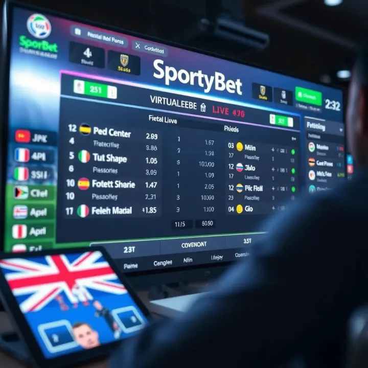 Virtual football match interface displaying live scores and betting odds