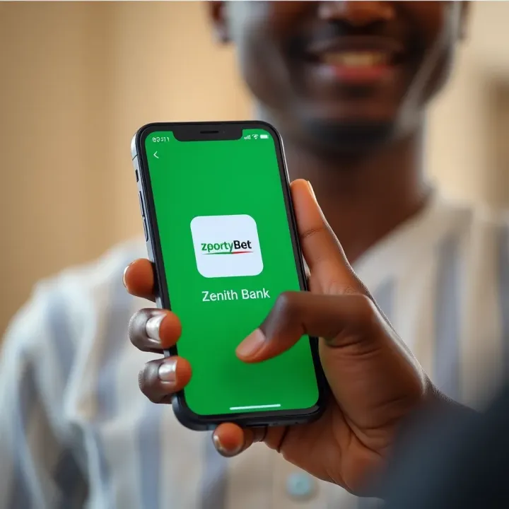 Mobile phone displaying SportyBet app with Zenith Bank logo on screen