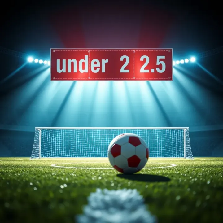 Illustration of low-scoring football match scenario for under 2.5 bets Football pitch with goalposts and scoreboard showing a low-scoring match