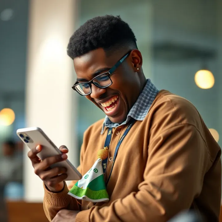 Nigerian user enjoying SportyBet free bet offer on a mobile device with excitement