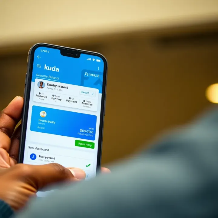 Kuda Digital Banking App with Secure Transactions and User Dashboard Kuda mobile app dashboard displaying account balance, transaction history, and quick payment options