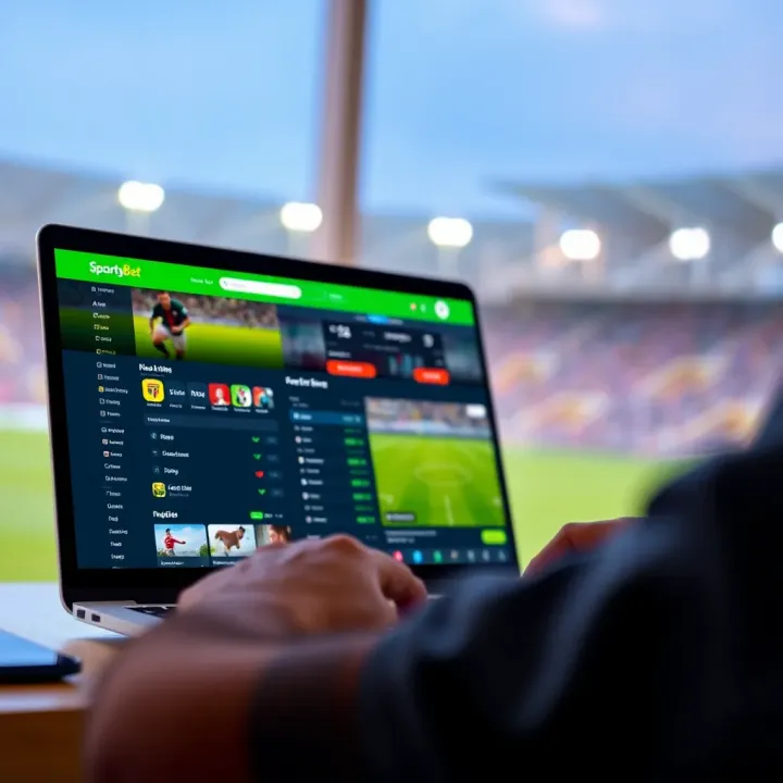 User navigating the SportyBet Shop website on a laptop showing various betting options