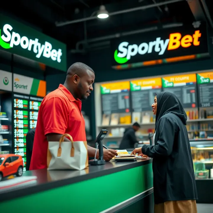 Secure Betting Transactions at SportyBet Shop Customer interacting with a cashier at SportyBet Shop counter handling betting transactions securely